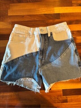Hollister Two-Tone Patchwork Denim Shorts in Blue & White